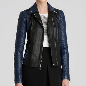 VINCE Lambskin Leather Zip Colorblock Moto Jacket